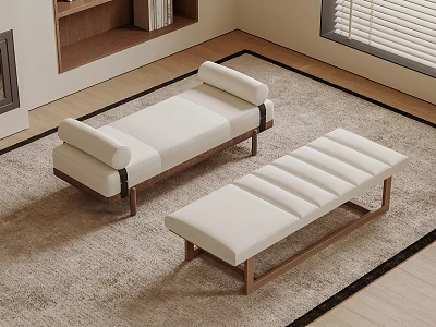 Elegant Modern Bedroom Benches With White Upholstery And Wooden Frame 3d model