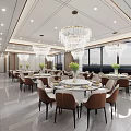 Elegant Modern Banquet Hall Interior With Crystal Chandeliers Dining Tables Green Plants And Large Windows