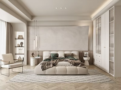 Modern Bedroom Interior With Beige Bed Green Brown Bedding White Wardrobe Glass Doors Herringbone Rug 3d model