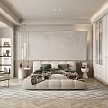 Modern Bedroom Interior With Beige Bed Green Brown Bedding White Wardrobe Glass Doors Herringbone Rug