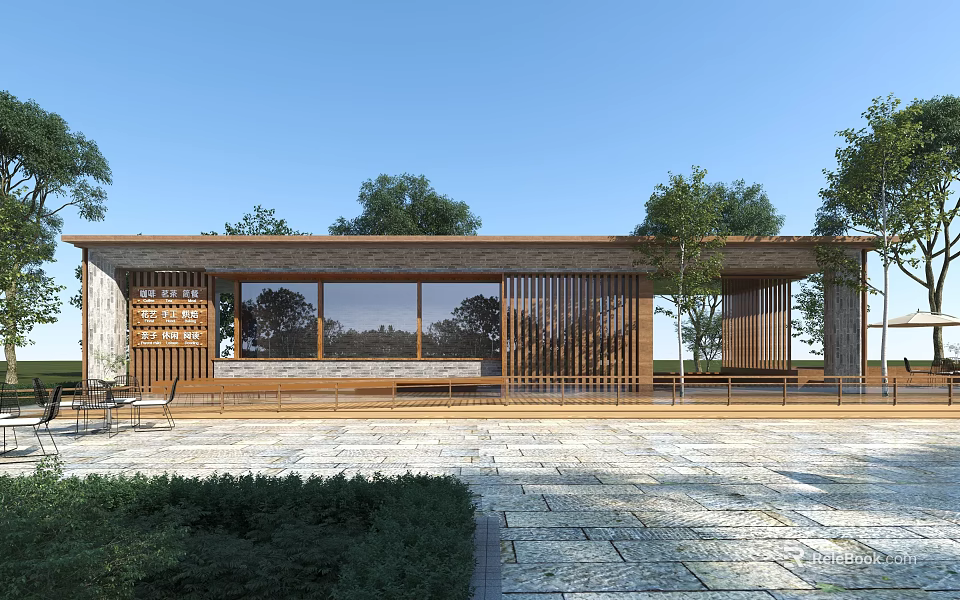 Wooden Post Station With Glass Facade Slatted Walls And Stone Patio Surrounded By Trees 3d model 