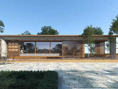 Wooden Post Station With Glass Facade Slatted Walls And Stone Patio Surrounded By Trees 3d model