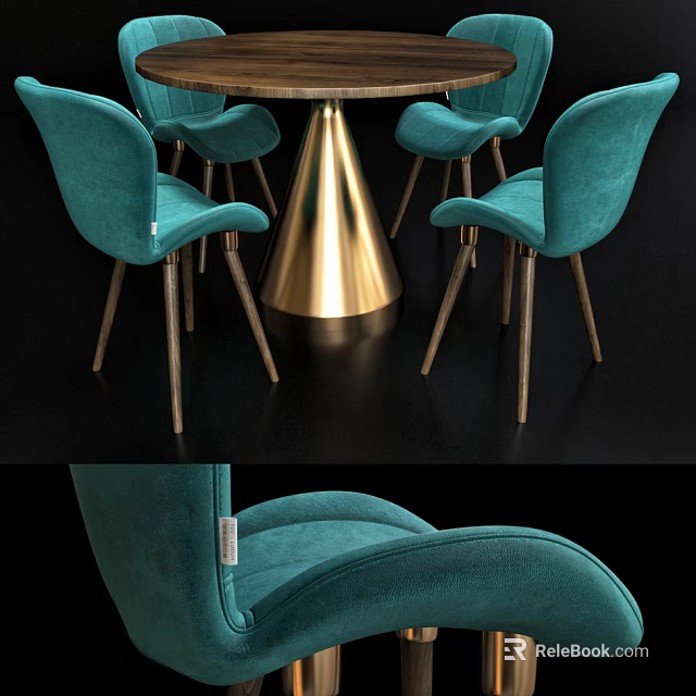 Dining Table Set With Teal Velvet Chairs Wooden Legs And Golden Cone Base 3d model 