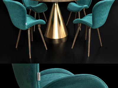 Dining Table Set With Teal Velvet Chairs Wooden Legs And Golden Cone Base 3d model