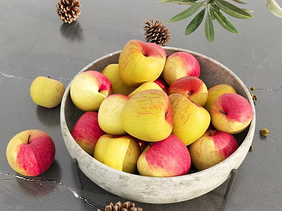 Rustic Ceramic Bowl Filled With Red And Yellow Apples On Dark Countertop With Pine Cones 3d model