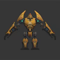 Yellow Mechanical Robot Character With Red Head Accents Green Lights And Mechanical Armor Design