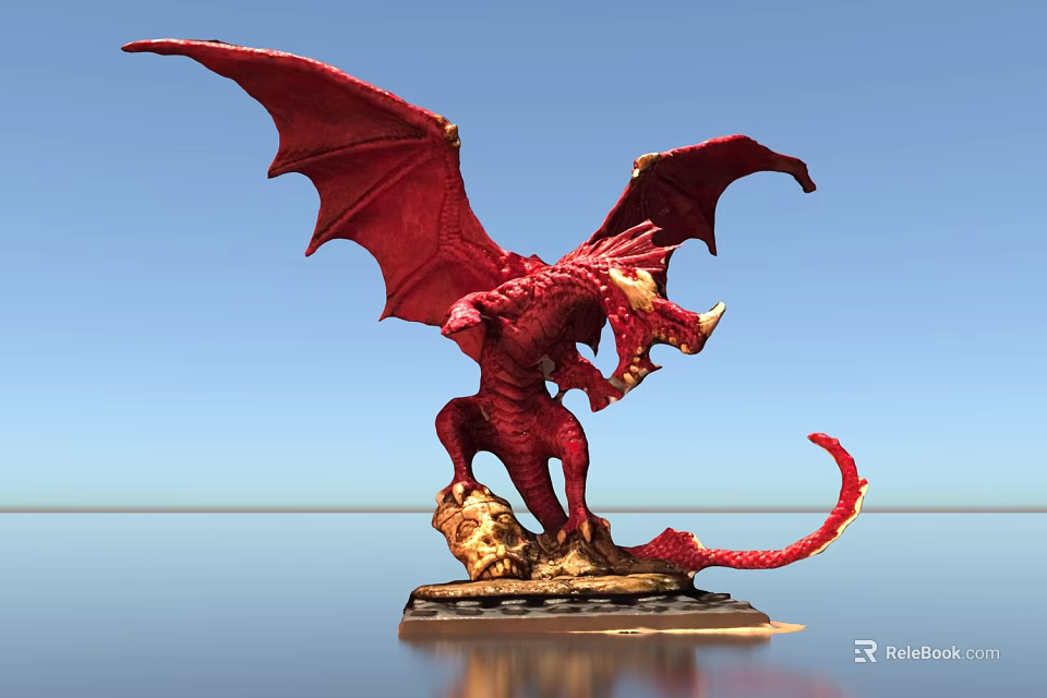 Red Dragon Statue With Spread Wings Standing On Base Against Blue Sky And Water Reflection 3d model 