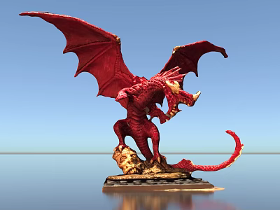 Red Dragon Statue With Spread Wings Standing On Base Against Blue Sky And Water Reflection 3d model