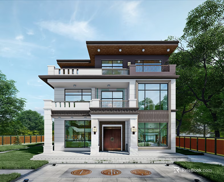 Two Story Modern Detached Villa With Large Glass Windows Front Porch And Lawn 3d model 
