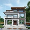 Two Story Modern Detached Villa With Large Glass Windows Front Porch And Lawn