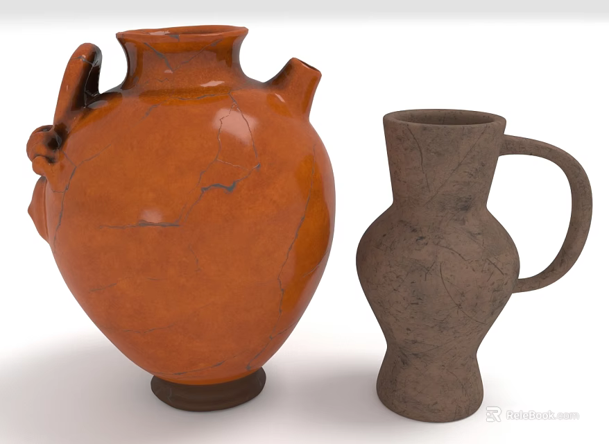 Orange Large And Gray Small Ceramic Vases With Cracked Texture Handles 3d model 
