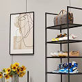 Black Multi tiered Shoe Rack with Brown Bag Vase Sunflowers and Various Shoes