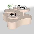 Modern Beige Curved Display Shelves with Circular Platforms Holding Skincare Bottles and Small Plant