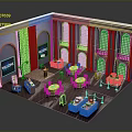 Cartoon Scene of Vintage Interior with Arched Windows Columns Red Tables and Bar Counter