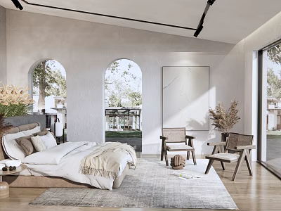 Modern Bedroom Interior With Arched Windows Trees Outside Bed Chairs And Rug 3d model