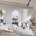 Modern Bedroom Interior With Arched Windows Trees Outside Bed Chairs And Rug