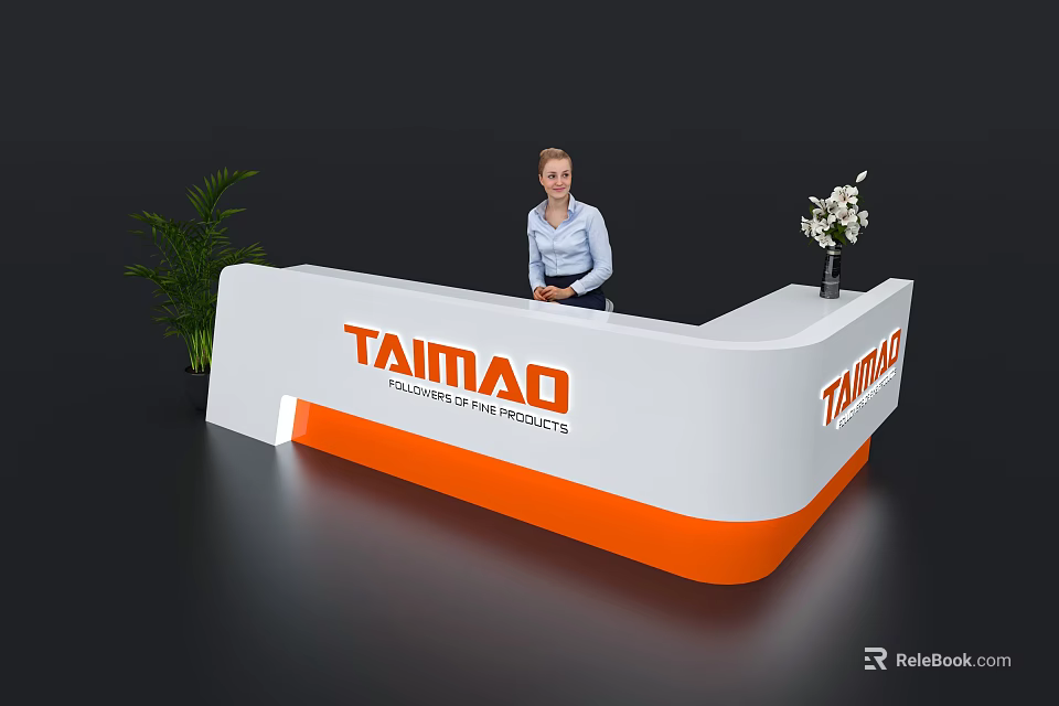 Exhibition Reception Desk White Orange TAIMAD Professional Fair Solutions With Receptionist Green Plant White Flowers 3d model 