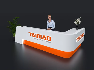 Exhibition Reception Desk White Orange TAIMAD Professional Fair Solutions With Receptionist Green Plant White Flowers 3d model