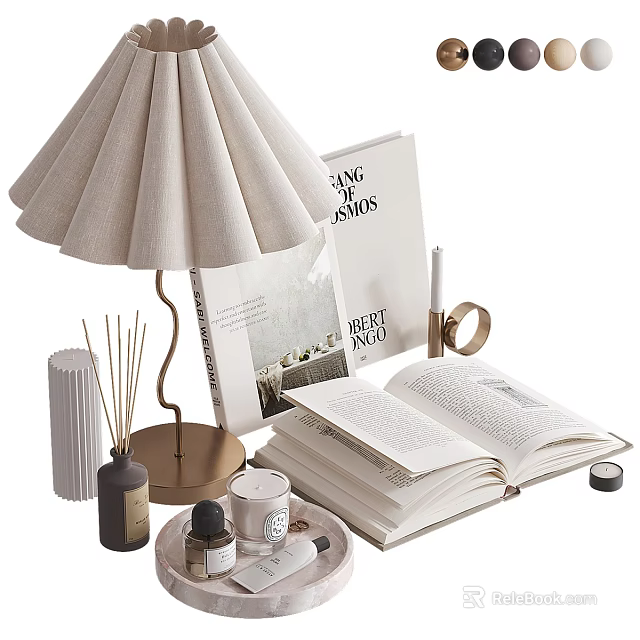 Chic Decorative Ornament Set With Linen Lamp Open Books Aromatic Diffuser Scented Candle And Tray 3d model 