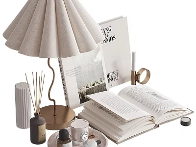 Chic Decorative Ornament Set With Linen Lamp Open Books Aromatic Diffuser Scented Candle And Tray 3d model