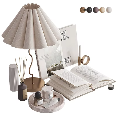 Chic Decorative Ornament Set With Linen Lamp Open Books Aromatic Diffuser Scented Candle And Tray 3d model