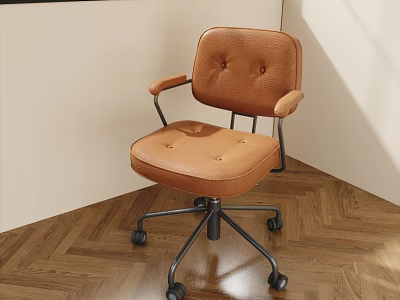 Brown Leather Office Chair With Tufted Back Armrests And Rolling Wheels For Home Workspace 3d model