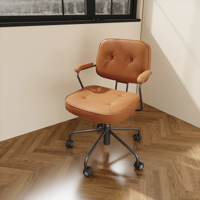 Brown Leather Office Chair With Tufted Back Armrests And Rolling Wheels For Home Workspace 3d model