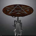 Round Table With Red Tabletop Featuring White Pentagram Pattern And Silver Metal Legs