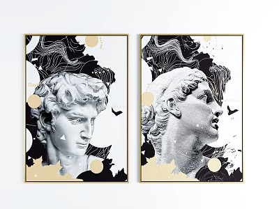 Sculpture Style Portrait Paintings With Black White Abstract Background And Gold Accents 3d model