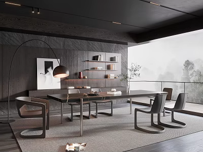 Modern Dining Table Set With Chairs Pendant Light Bookshelf And Scenic Floor-to-Ceiling Windows 3d model