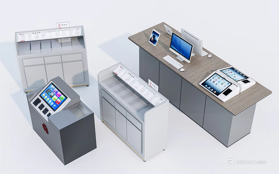 Modern Public Facility With Self Service Kiosks Counters And Digital Devices 3d model 