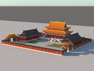 Ancient Chinese Architecture Complex With Yellow Glazed Roofs Red Walls And Courtyard 3d model