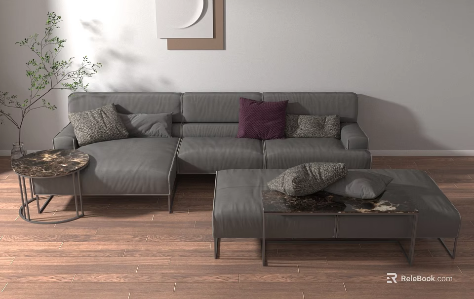 Modern Living Room With Gray Sofa Purple Pillows Coffee Tables Wooden Floor And Wall Art 3d model 