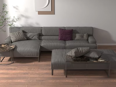 Modern Living Room With Gray Sofa Purple Pillows Coffee Tables Wooden Floor And Wall Art 3d model
