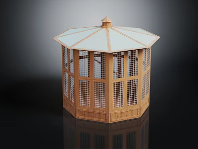 Outdoor Octagonal Wooden Gazebo Structure With Lattice Windows And Peaked Roof Top 3d model