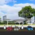 Modern Urban Electric Vehicle Charging Station With Multiple Cars Charging Under Canopy