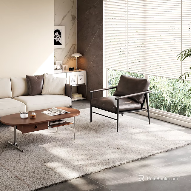 Stylish Living Room With Light Sofa Dark Chair Coffee Table Rug And Window Blinds 3d model 