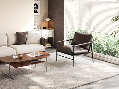 Stylish Living Room With Light Sofa Dark Chair Coffee Table Rug And Window Blinds 3d model