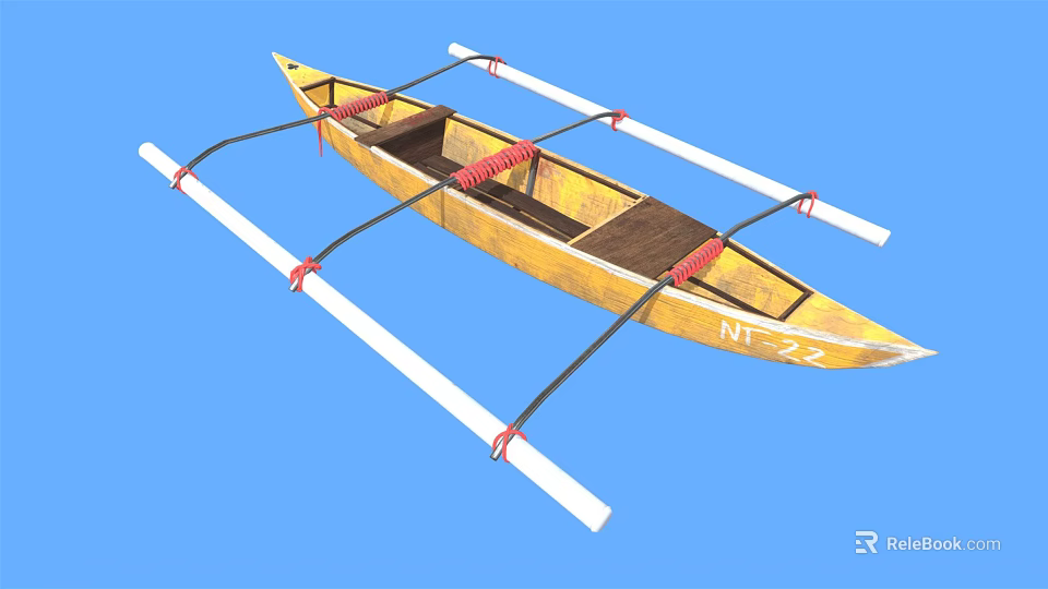 Yellow Wooden Boat With Red Straps And White Outriggers Against Blue Background Featuring N25 Marking 3d model 