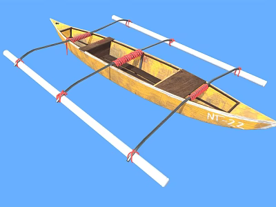 Yellow Wooden Boat With Red Straps And White Outriggers Against Blue Background Featuring N25 Marking 3d model