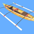 Yellow Wooden Boat With Red Straps And White Outriggers Against Blue Background Featuring N25 Marking