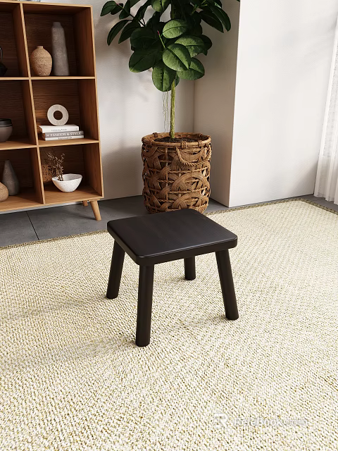 Black Wooden Stool Placed On Woven Rug Near Wicker Basket And Wooden Shelf In Interior 3d model 