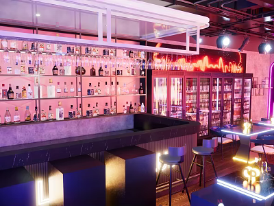 Modern Bar Interior Design with Neon Lights Shelves Full of Bottles Bar Counter and Stools 3d model