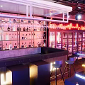 Modern Bar Interior Design with Neon Lights Shelves Full of Bottles Bar Counter and Stools