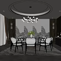 Private Dining Room Interior With Circular Chandelier Wooden Walls And Dining Chairs