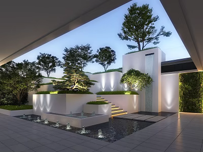 Modern Courtyard Garden Design With White Walls Water Pool Steps Green Trees And Soft Lighting 3d model