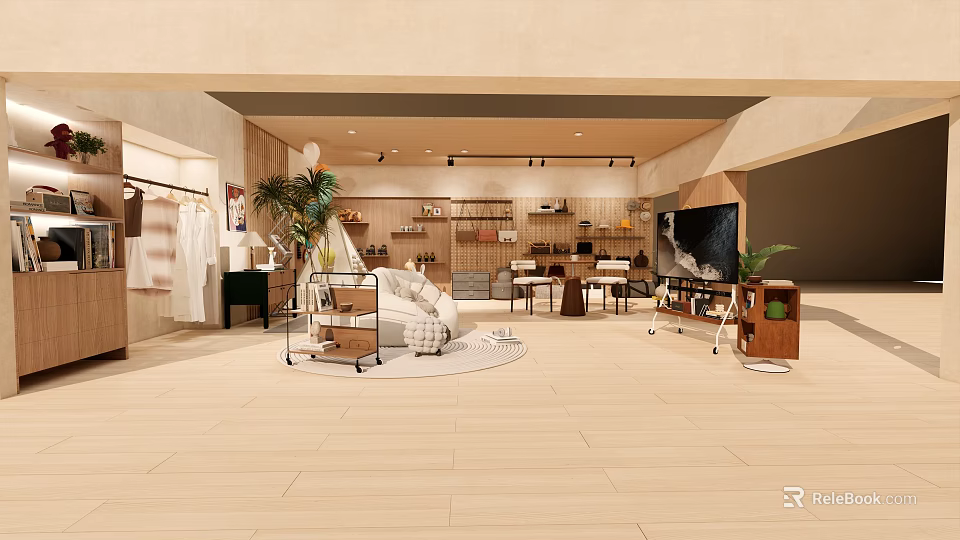 Modern Furniture Store Showroom With Sofa Tables Chairs Display Shelves And Plants 3d model 