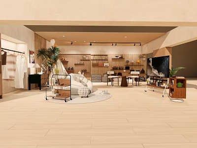 Modern Furniture Store Showroom With Sofa Tables Chairs Display Shelves And Plants 3d model