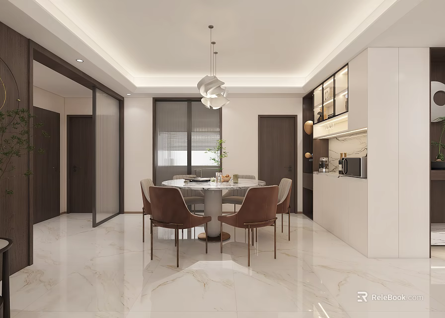 Bright Modern Dining And Living Room With Round Marble Table Cozy Chairs And Side Cabinets 3d model 