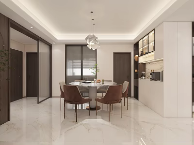 Bright Modern Dining And Living Room With Round Marble Table Cozy Chairs And Side Cabinets 3d model